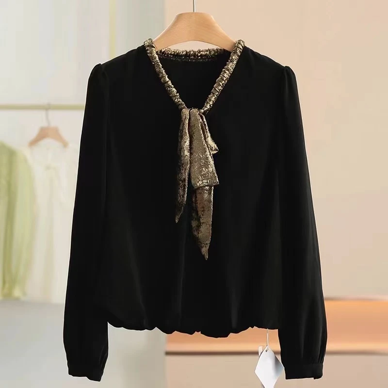 【F812】时尚宽松长袖衬衫蝴蝶蝴蝶结雪纺衫小衫女装