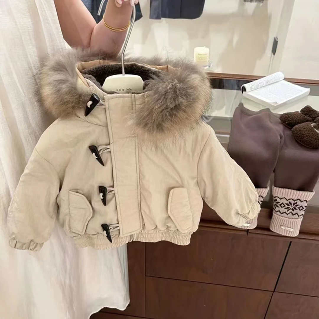 韩系夹克式加绒兔毛棉服2025新款秋冬毛帽子儿童加厚保暖派克服