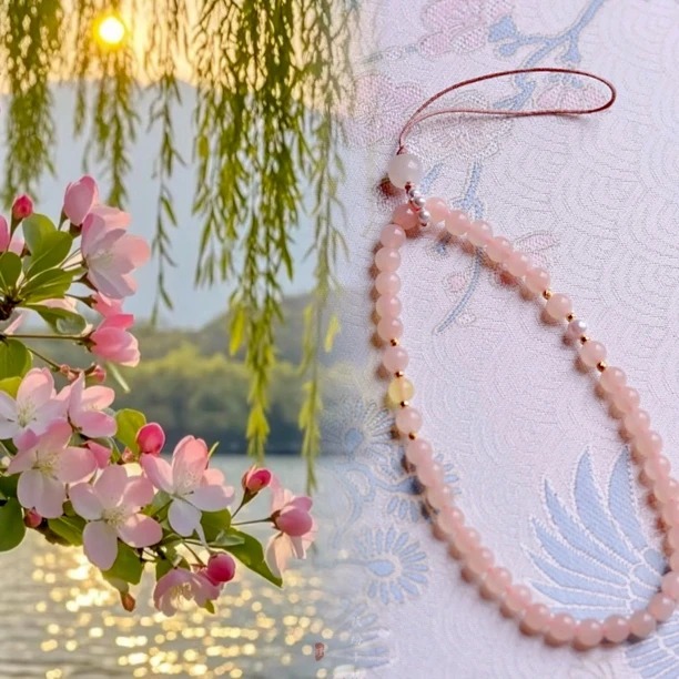 【春日海棠】瑾玉 和田玉藕粉5mm圆珠设计款手机挂包挂 I1664-1