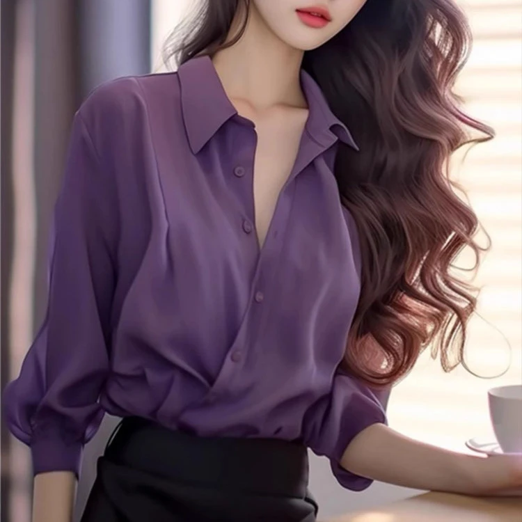 2025年新款洋气高贵衬衣独特别致学院风紫色衬衫上衣女春季显瘦