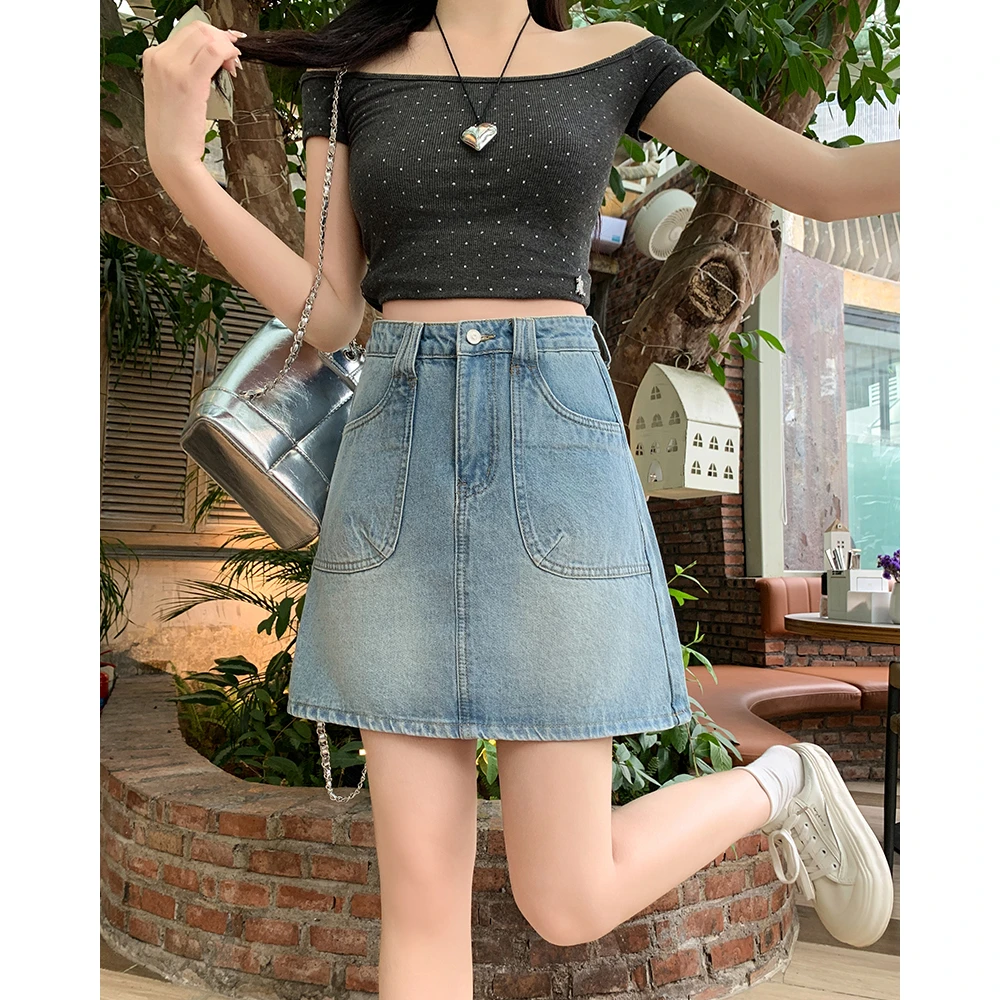 清65452大码女装2025夏季新款复古高腰牛仔半身裙百搭遮胯A字短裙