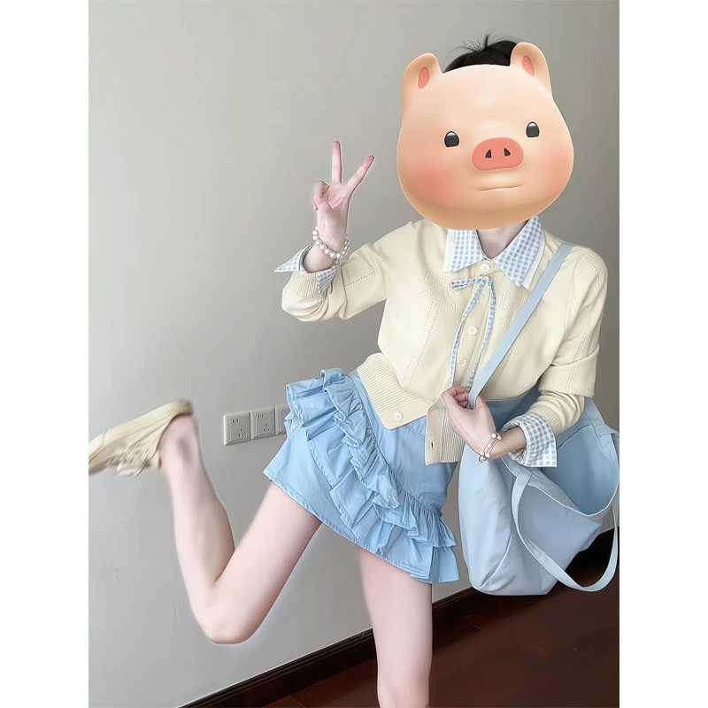 毛衣开衫外套撞色拼接学院风假两件针织衫上衣荷叶花边短裙半身裙