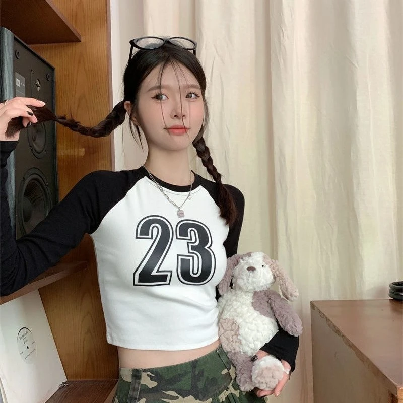 美式复古修身长袖T恤纯欲风拼接内搭打底衫女学生插肩袖上衣ins女