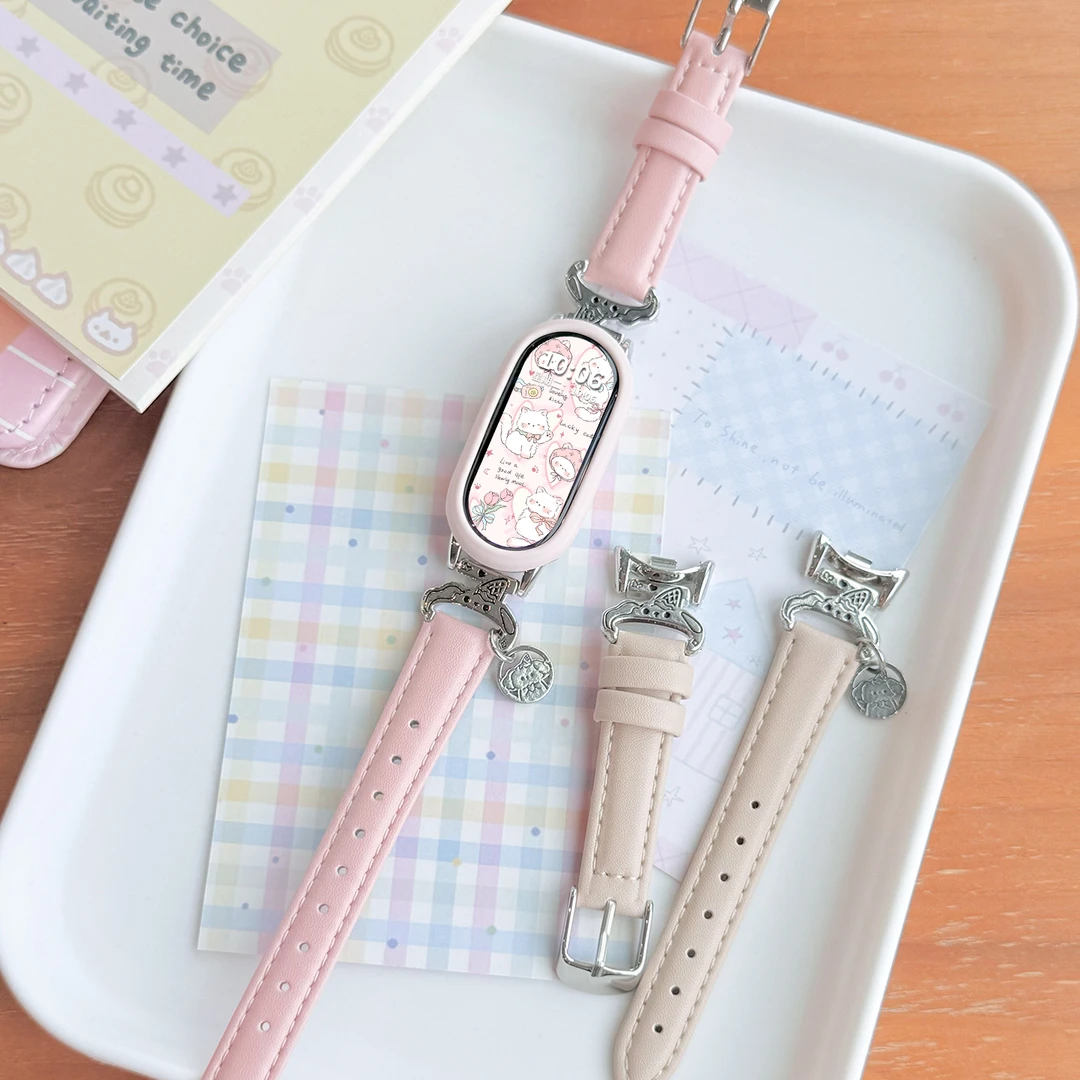 适用于小米手环10表带可爱雪糕小狗平纹皮质7/6/5/4/3NFC版腕带