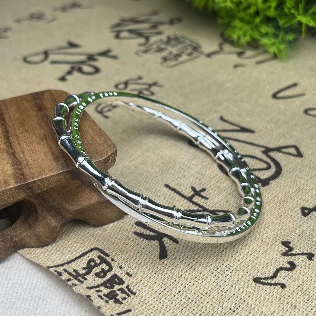 足银手镯 A92足银手镯双环素圈四叶草999手镯古风竹节节节高升