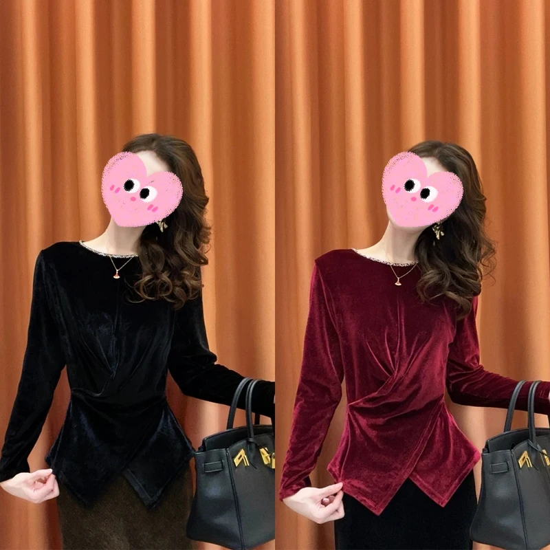 2025秋季新款复古圆领串珠不倒绒长袖衬衫女交叉收腰显瘦百搭上衣