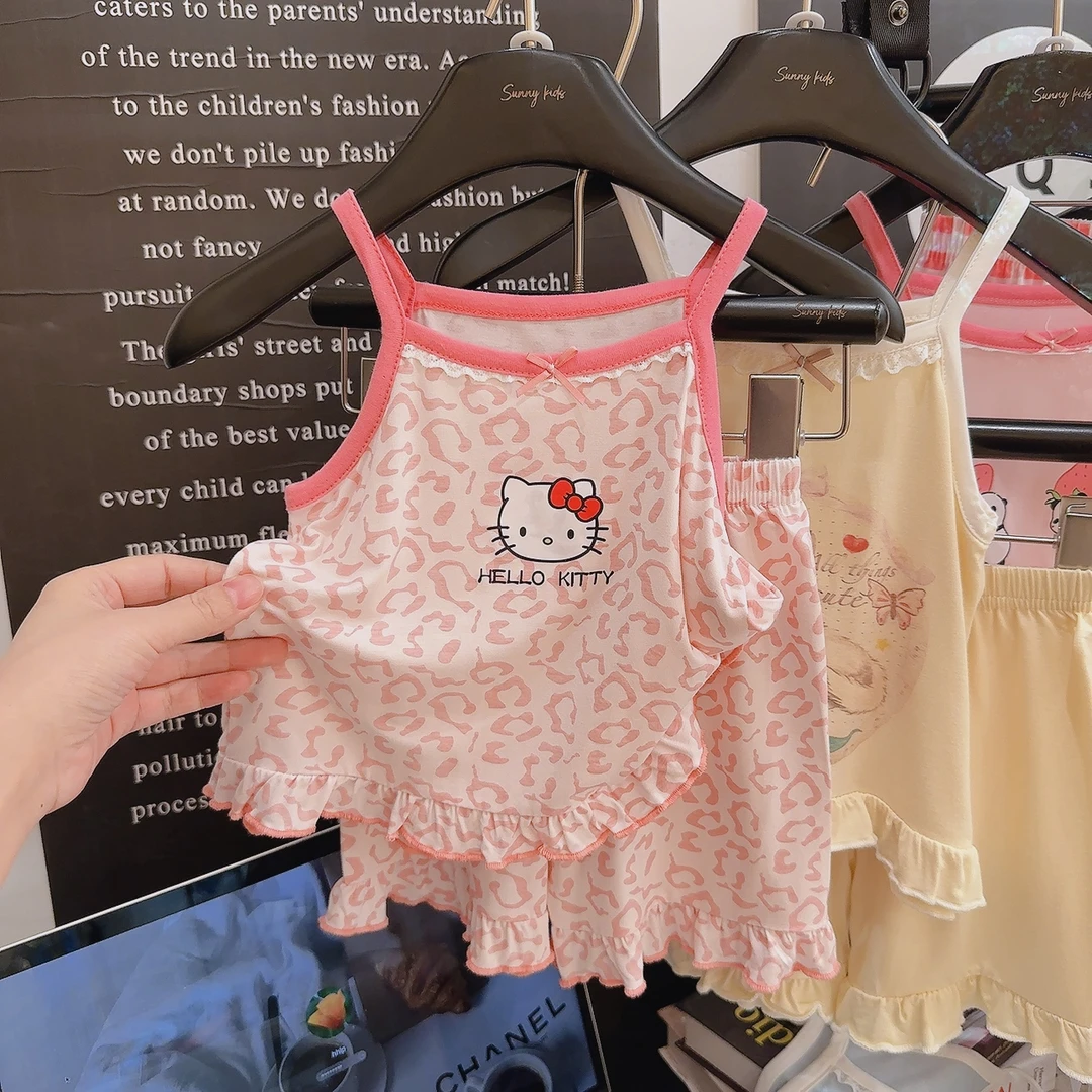【糯七】乖布童夏季儿童吊带套装莫代尔花边女童中小童卡通透气舒适