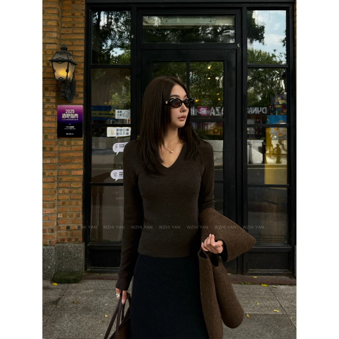 【木槿云舒】“Y毛衫"V领气质极简百搭长袖打底T恤M2638