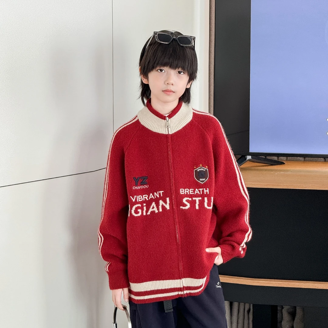 男童毛衣2025冬季儿童拉链针织开衫中大童加厚新年红色外套Y8913