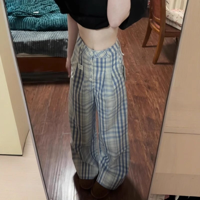 拉夏贝尔蓝色格子裤女宽松直筒高腰显瘦设计感洋气休闲拖地阔腿裤