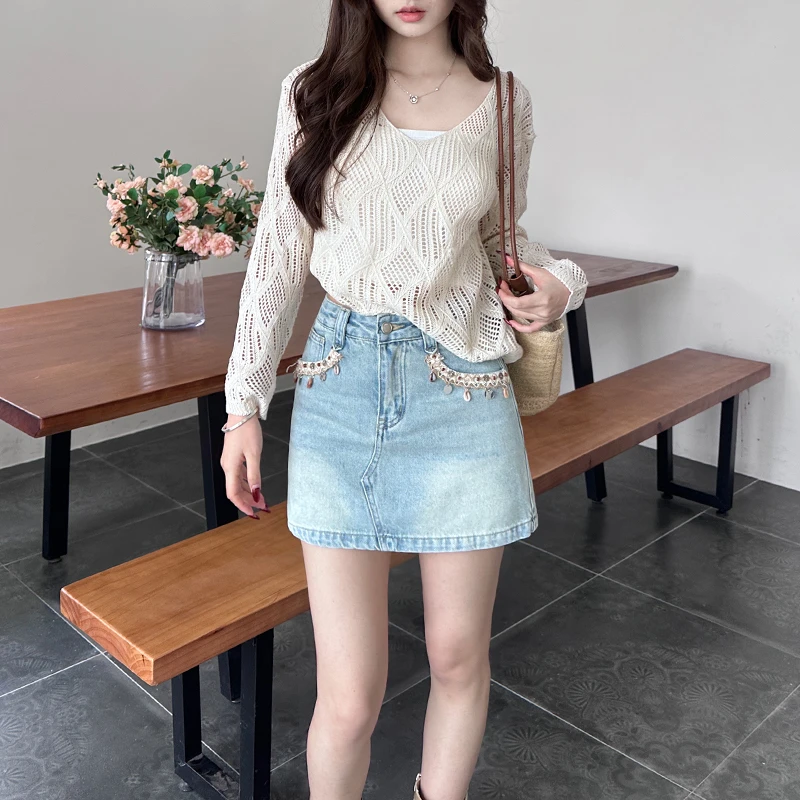 浅蓝高腰牛仔短裙女2025秋季薄款新款遮胯显瘦a字包臀裙子设计感
