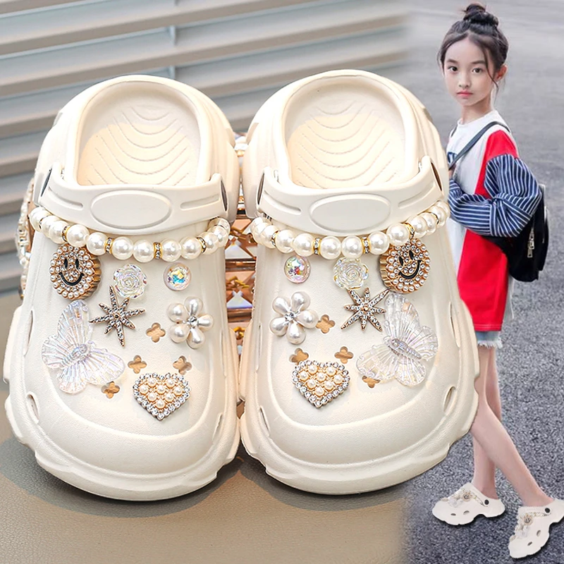 ABC儿童洞洞鞋女童2025新款夏季女孩公主珍珠沙滩凉拖鞋外穿包头