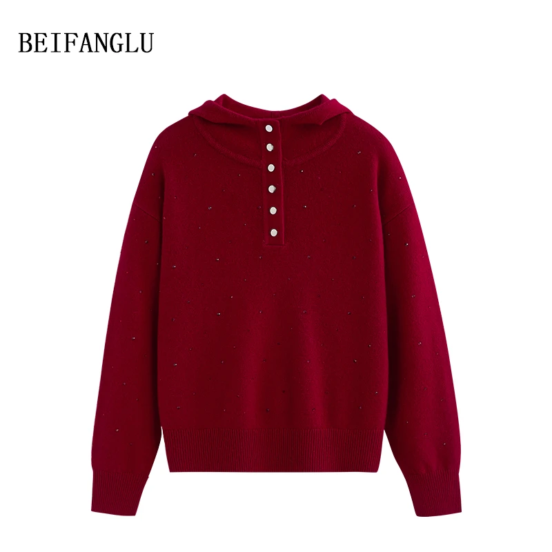 北方鹿 满天星烫钻连帽衫 绵羊毛2024冬季休闲连帽套头针织衫1395