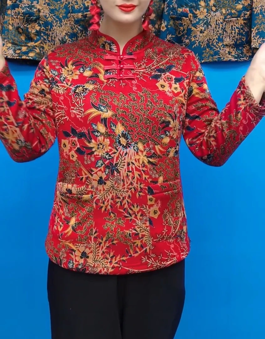 秋冬新款复古盘扣妈妈衫修身加绒中老年打底衫上衣（花型不固定）