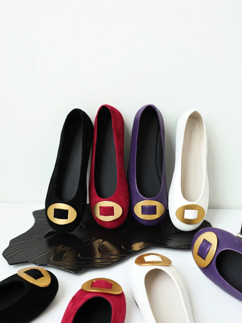 InkingPot彭姐 春夏可爱圆头软糯单鞋女复古金扣低跟舒适女鞋