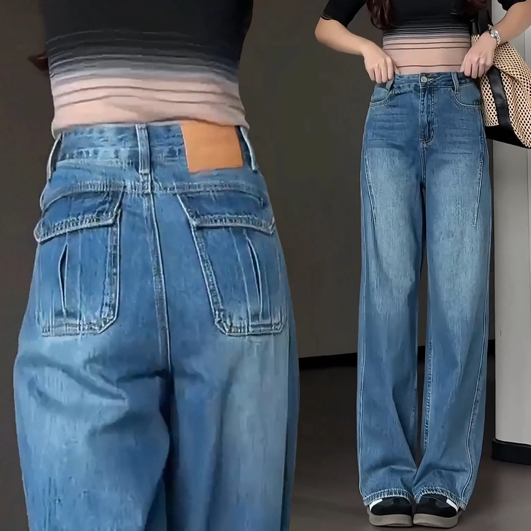 弯刀牛仔裤女2025年春秋季新款大码梨型身材高腰显瘦蓝色阔腿裤子