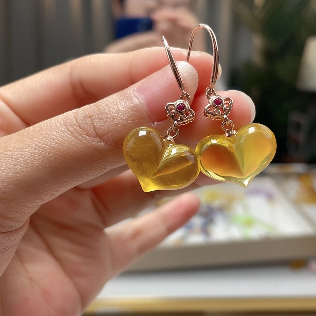 银S925镀金镶嵌琥珀裸石琥珀耳坠