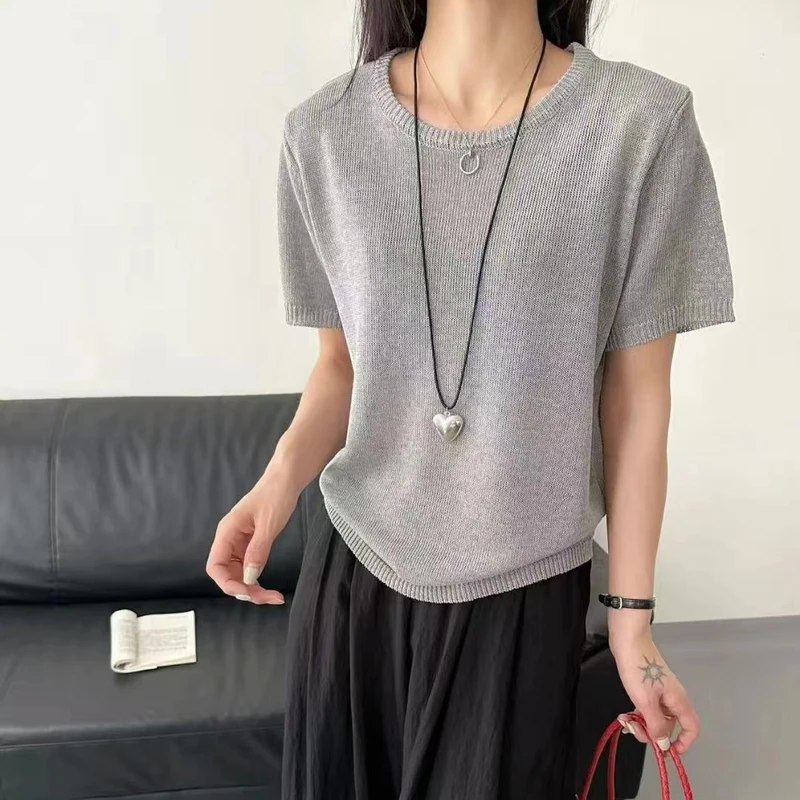 2025夏和纸纱正肩针织t恤女圆领短袖薄款宽松百搭洋气上衣