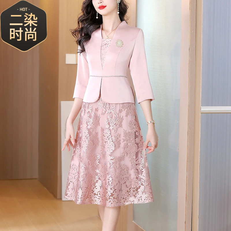伴娘服敬酒服喜婆婆婚宴装礼服裙新款气质优雅修身粉色西装女裙子