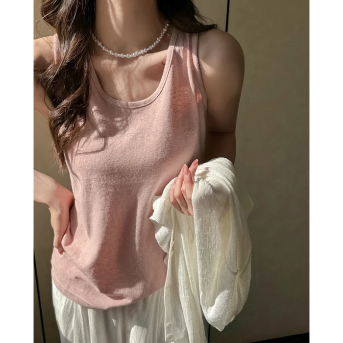 棉麻吊带背心女夏外穿2025新款宽松遮肉打底内搭虾粉无袖t恤上衣