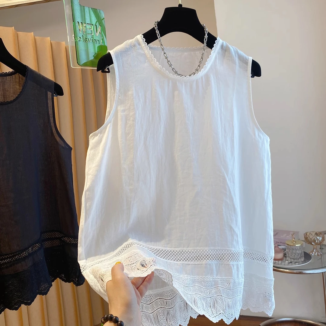 清仓捡漏~奥特莱斯白色无袖上衣女夏宽松独特漂亮小衫蕾丝背心t恤