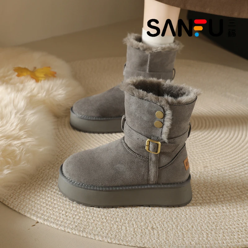 三福两穿雪地靴女款2025新款冬季厚底增高棉靴加绒加厚保暖棉鞋子