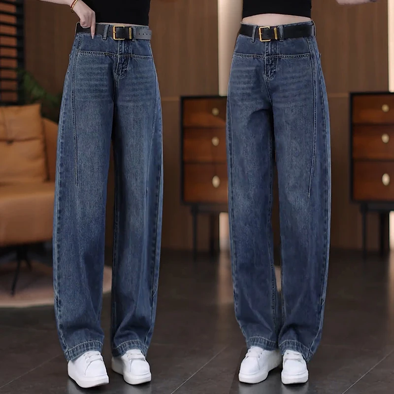 复古蓝牛仔弯刀裤女2025秋季新款夏季高腰显瘦镰刀裤窄版阔腿裤