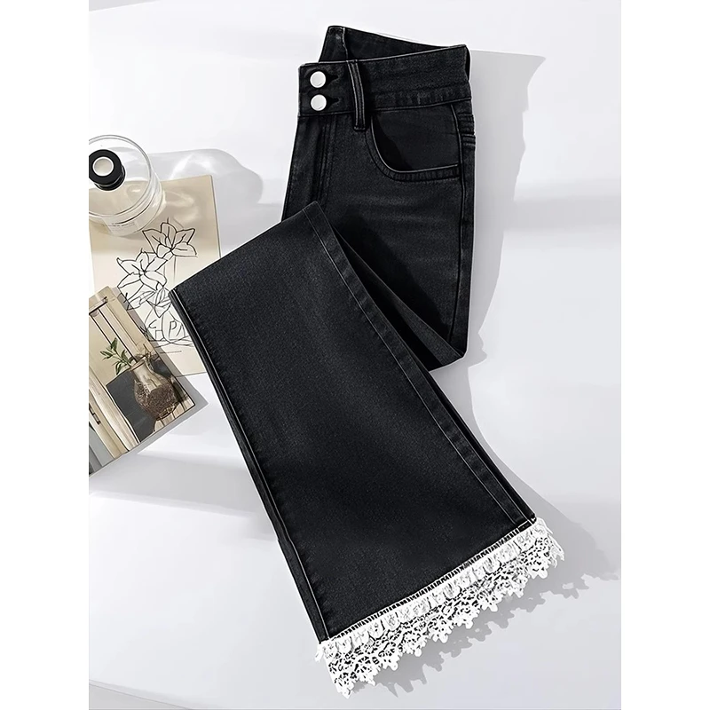 2025新款小个子超好看微喇叭裤高级感高腰百搭黑色蕾丝牛仔裤女春