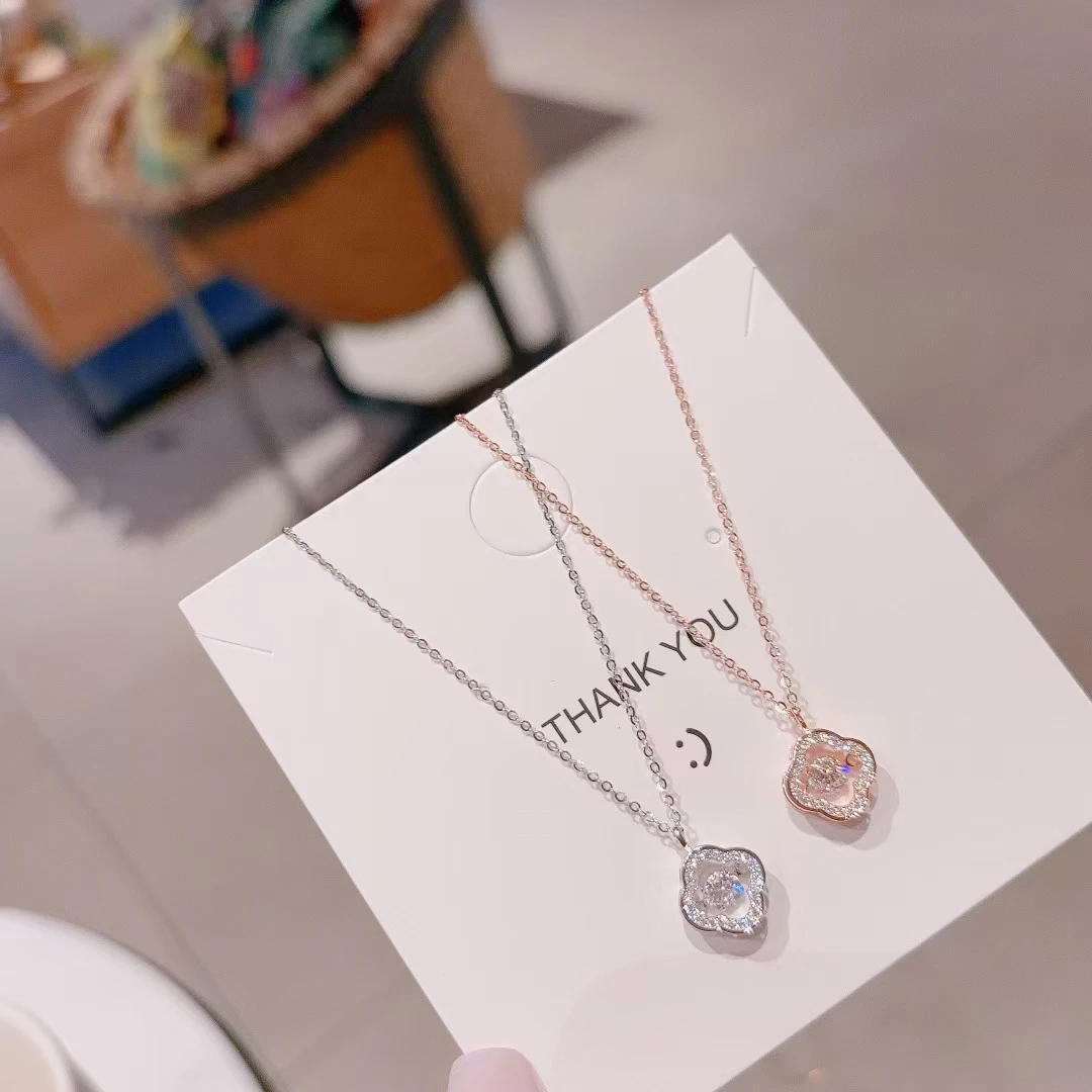 坠链均925银合成锆石 雪银银匠/纯银精致跳动四叶草银项链