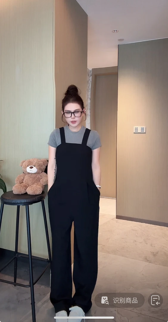 Dami 黑色显瘦百搭时尚西装面料背带裤女