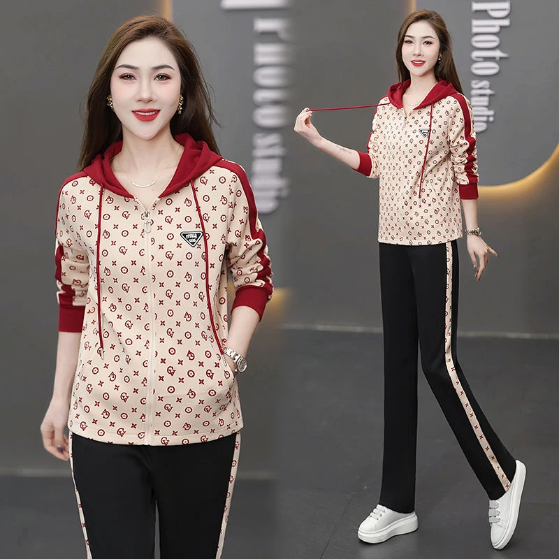 高贵连帽运动服套装女春秋2025新款洋气质减龄印花卫衣休闲两件套