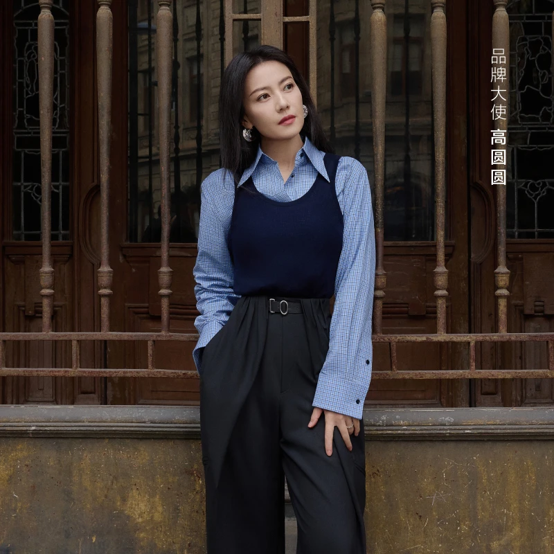 【高圆圆同款】edition2025春季新款蓝白格纹长袖衬衫#EBE1SHT021