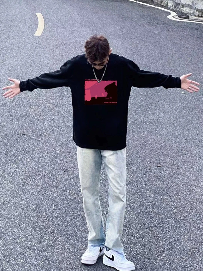 秋冬重磅长袖高街潮牌T恤百搭休闲男生圆领i美式打底衫纯棉宽松