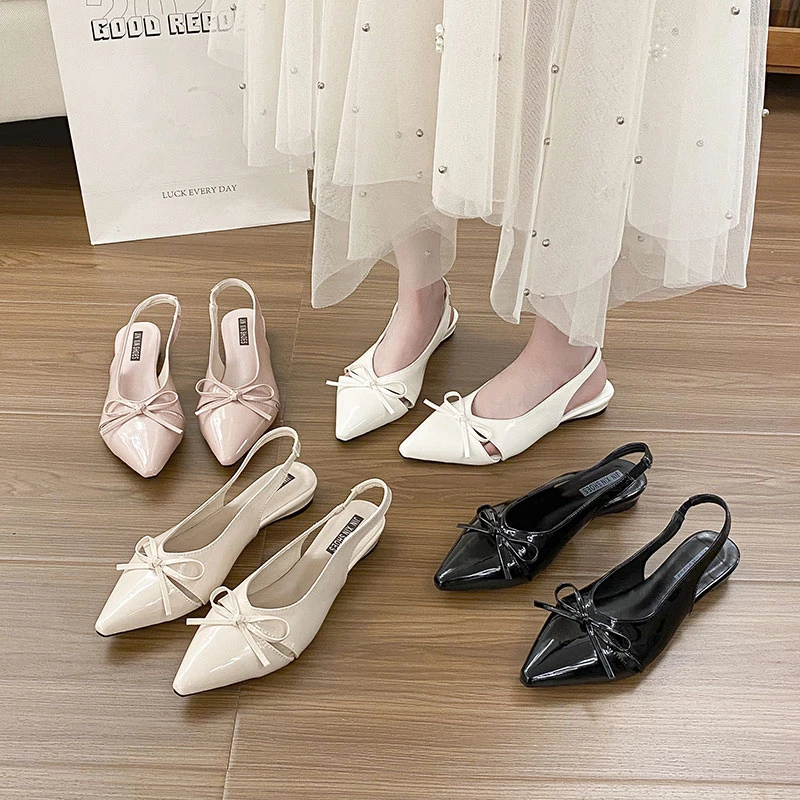 绝美法式尖头单鞋女平底2025春夏新款蝴蝶结后空包头凉鞋女晚晚鞋