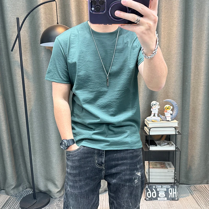 棉麻短袖t恤衫男士2025夏季新款高端男装简约纯色打底衫薄款上衣