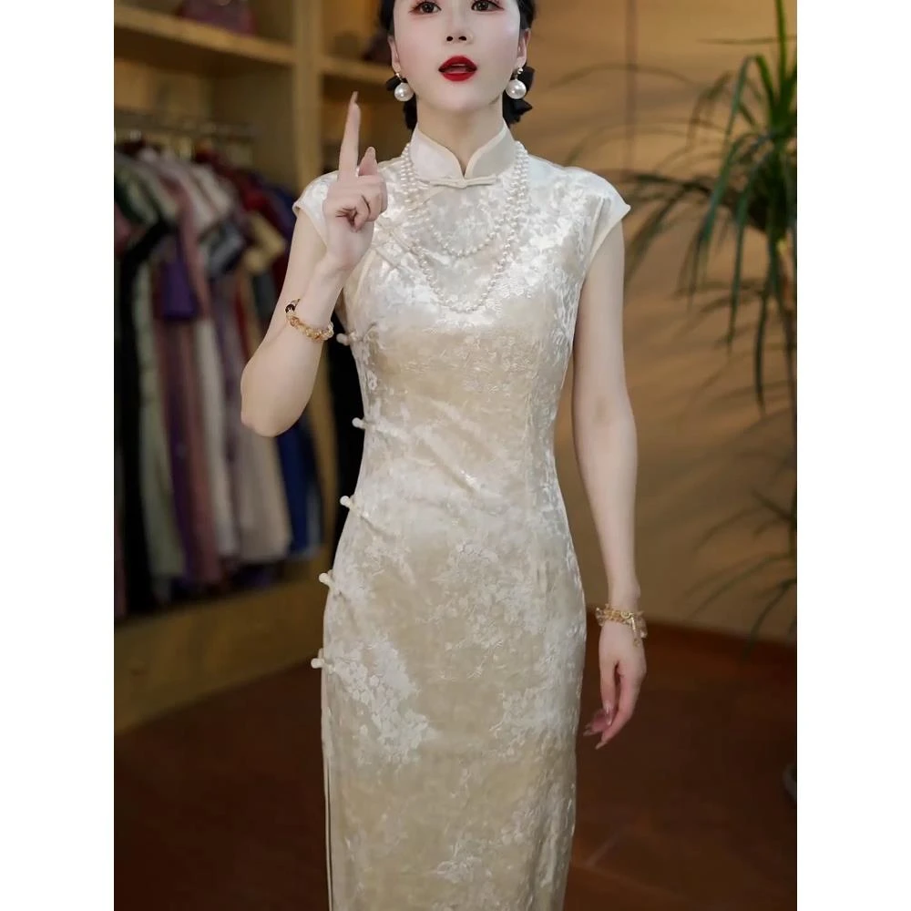 高端时尚中国风复古改良旗袍长裙女气质收腰显瘦老上海过膝连衣裙