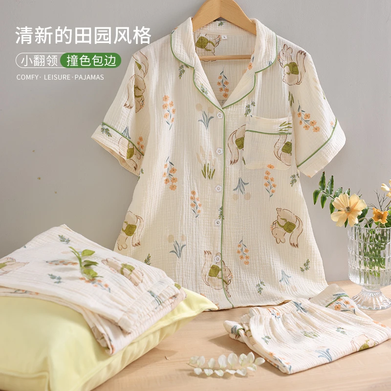 【国风灵韵】新款婴儿棉纱女士三件套家居服松鼠国卉繁花印花睡衣