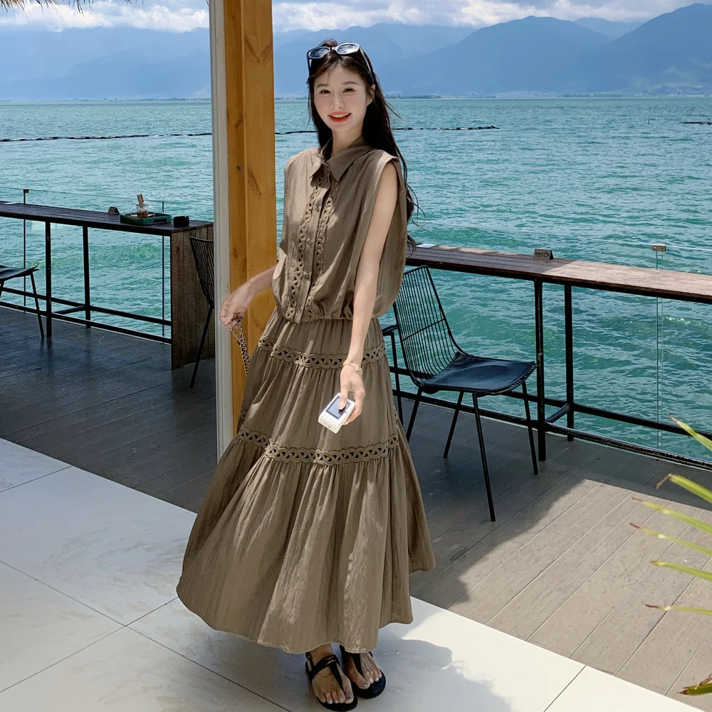 无袖上衣半身裙套装女2025夏季新款通勤风海边度假时尚显瘦两件套