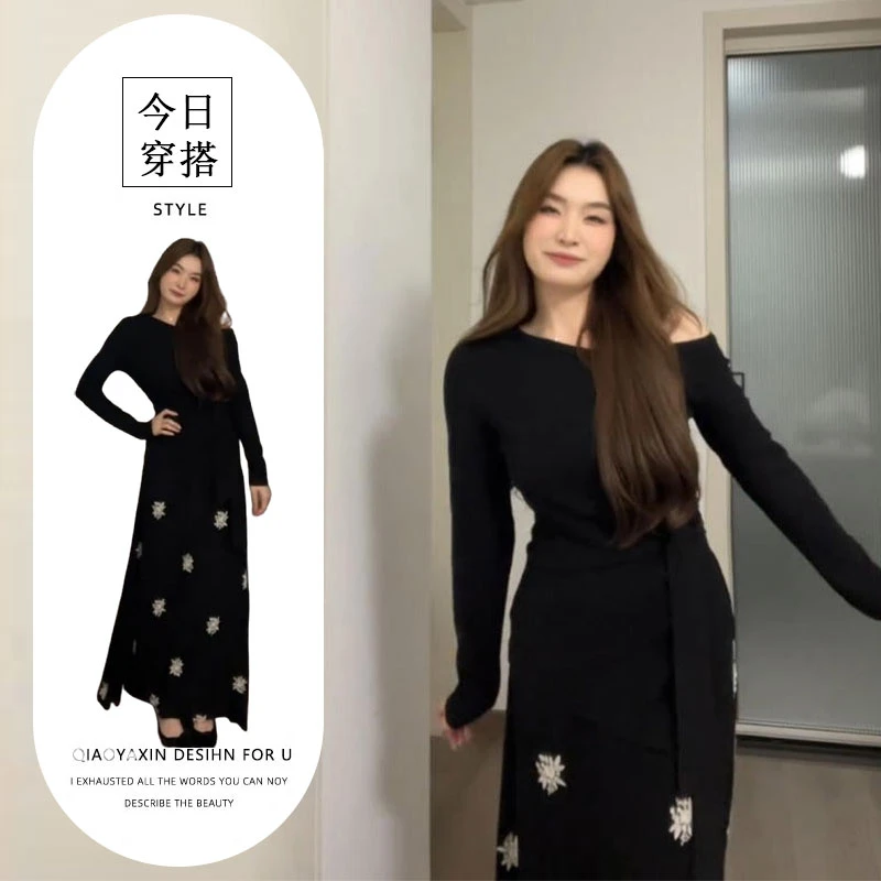 法式慵懒风穿搭套装秋季新款设计感小众系带上衣高腰半身裙两件套