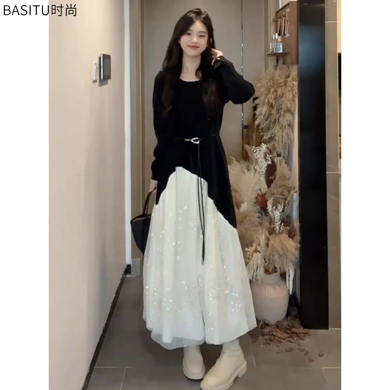 法国高端假两件套优雅女装2025春秋季新时尚修身Look过膝长裙