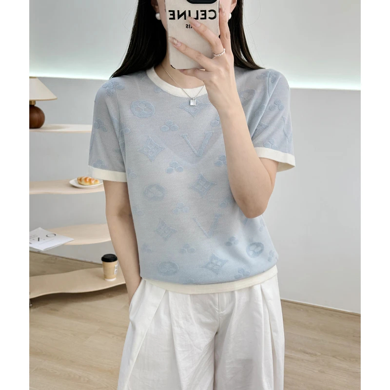 圆领老花浮雕工艺春夏季针织短袖百搭羊毛衫3262