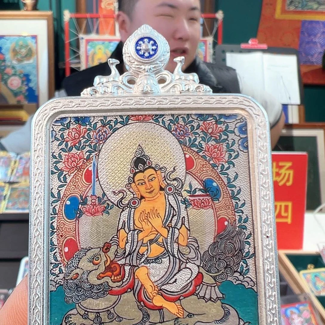 吊坠纯手绘唐卡彩银塘文殊