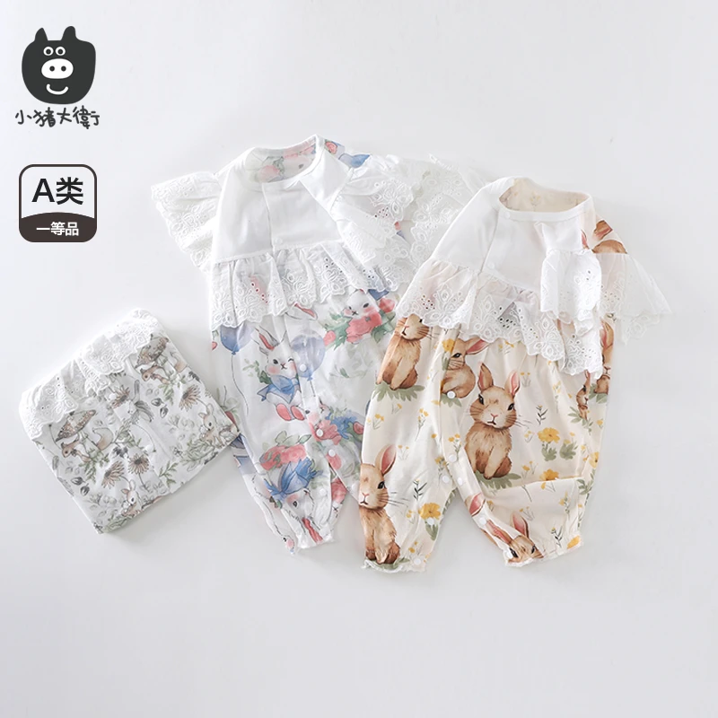小猪大卫男女宝宝夏季连体汗布满印对开无袖花边薄款婴儿连体衣