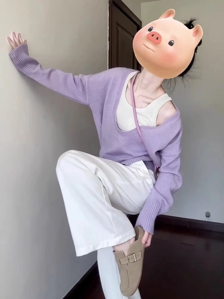 慵懒风紫色针织衫女2025新款高级感v领毛衣韩系chic上衣开春穿搭