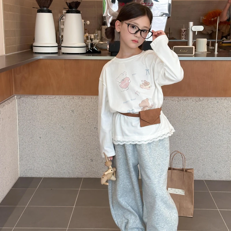 女童长袖T恤2025秋季新款儿童白色洋气卡通蕾丝边上衣大童打底衫