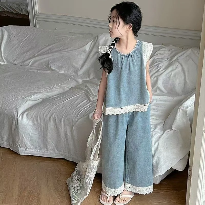 2025薄款休闲女公主风夏季套装韩系女童花边牛仔套