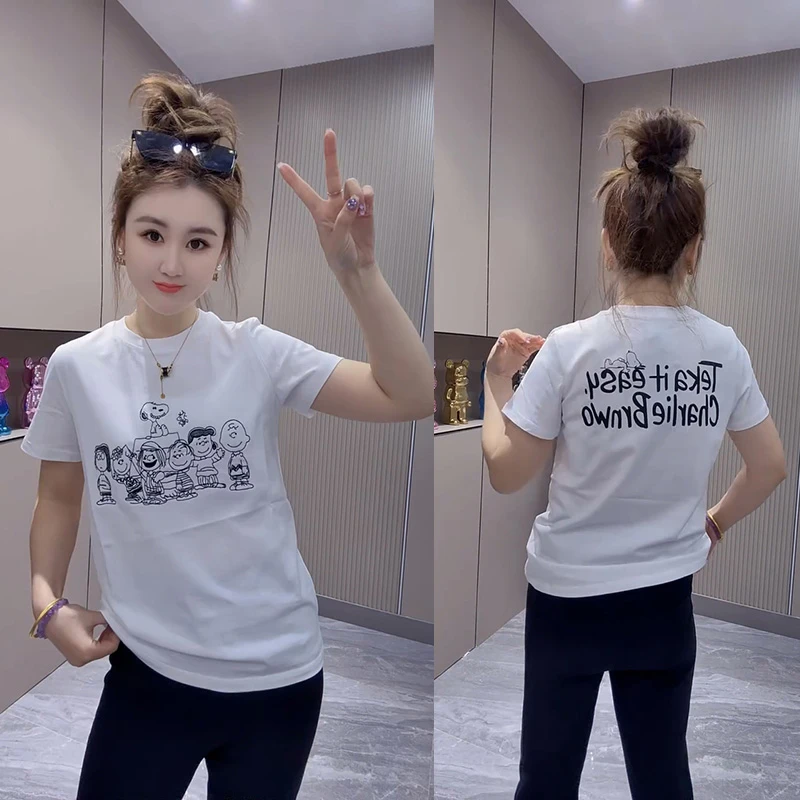 薄款春夏季白色T恤女短袖圆领重工刺绣卡通宽松潮流显瘦休闲上衣