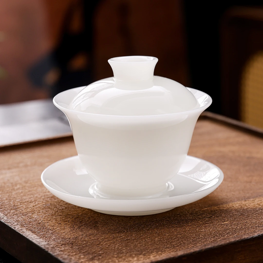 璞玉中国白纯白三才盖碗防烫泡茶家用办公功夫茶具陶瓷约160毫升