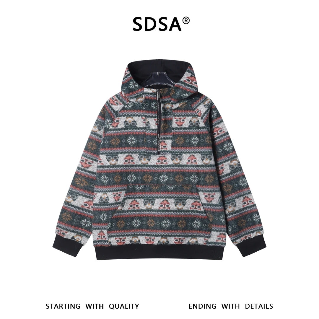 SDSA男士秋冬新款痞帅男装美式高街撞色条纹半拉链立领连帽卫衣潮