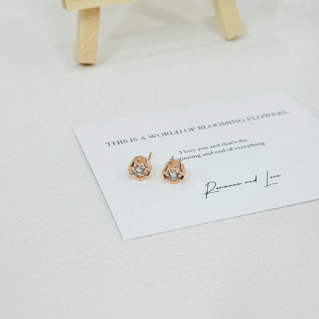 铜合金锆石耳饰 ES-429不规则立体圆钻玫瑰金色简约百搭耳钉